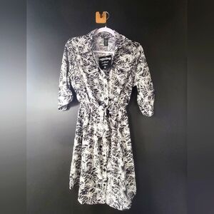 Women's Black and White Palm Patterned Shirt Dress.